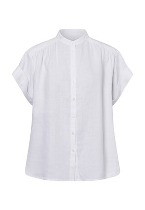 Witte blouse met korte mouwen en een mandarin kraag, met een knoopsluiting aan de voorkant en subtilen plooidetails op de schouders.