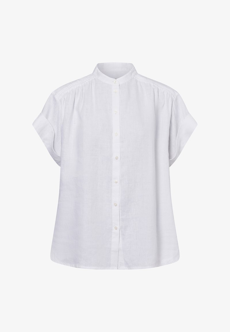 Witte blouse met korte mouwen en een mandarin kraag, met een knoopsluiting aan de voorkant en subtilen plooidetails op de schouders.