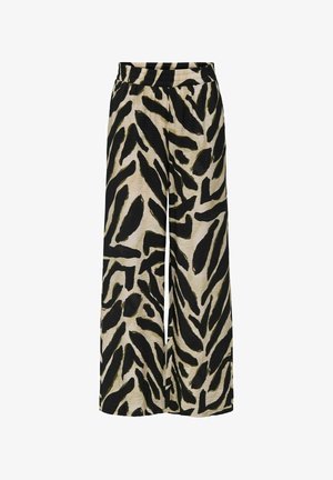 Wide-leg pants made of lightweight fabric, featuring a black and beige tiger stripe pattern. Elastic waistband for comfort.