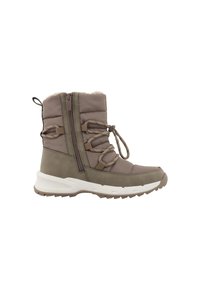 Khaki wodoodporne zimowe buty z wyściółką na górze, zamkiem błyskawicznym z boku, dekoracyjnymi sznurówkami i teksturowaną białą gumową podeszwą. Na górze wykończone sztucznym futrem.
