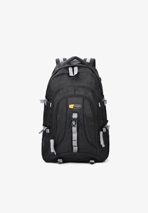 Black fabric backpack featuring gray straps, multiple compartments, and a prominent logo on the front. Adjustable straps and sturdy design.