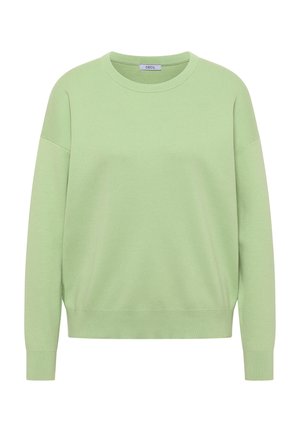 Světlé zelený svetr z měkké látky s kulatým výstřihem, spadlými rameny a žebrovanými manžetami a lemem. Jednoduchý, strukturovaný vzhled.