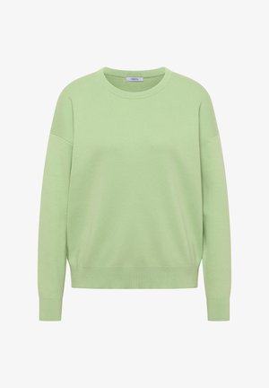 Pull vert clair en tissu doux avec col rond, épaules tombantes, manches et ourlet côtelés. Fini simple et texturé.