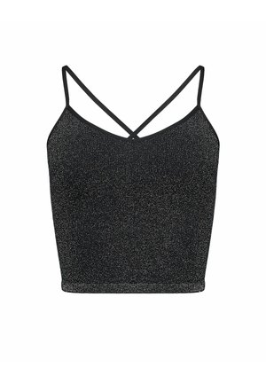 Czarny, bez rękawów crop top o dopasowanym fasonie. Posiada cienkie, krzyżujące się ramiączka i błyszczący wzór na całej powierzchni tkaniny.
