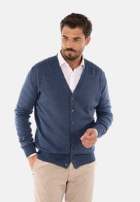 Cardigan lavorato a maglia blu con scollatura a V, dotato di una fila di bottoni scuri e polsini a costine. Indossato sopra una camicia bianca. Tessuto liscio.