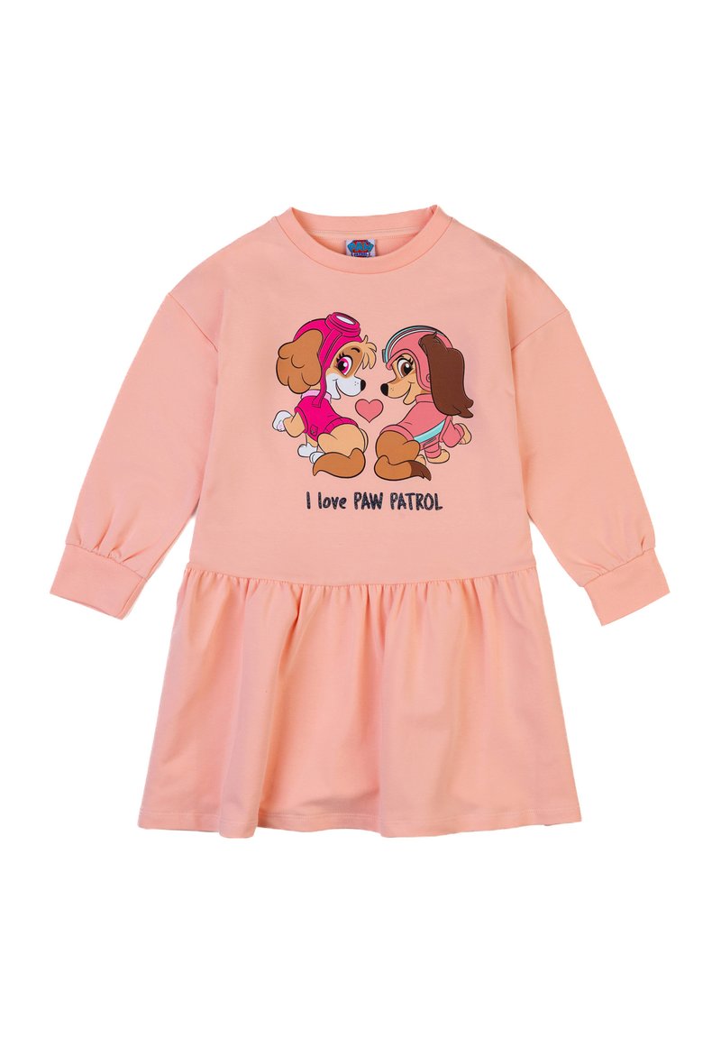 Abito color pesca con maniche lunghe, dotato di una gonna svasata. Sul davanti ci sono due cani dei cartoni animati e il testo "I love PAW PATROL" stampato.