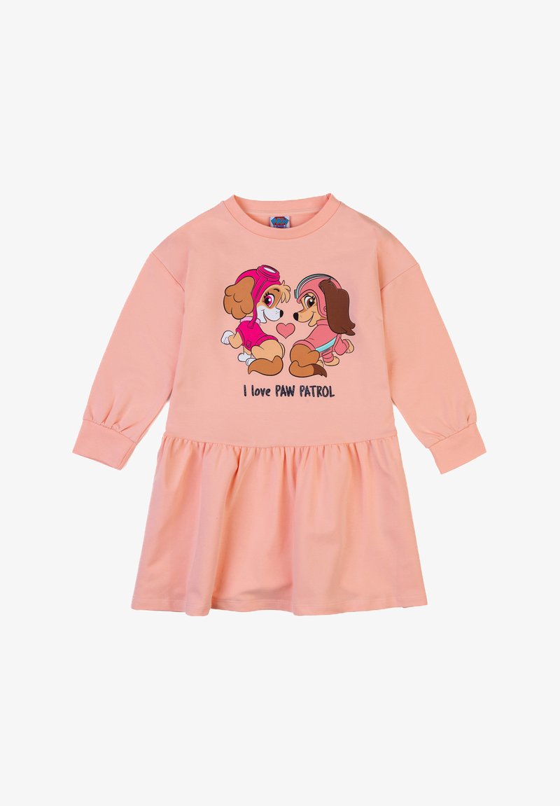 Abito color pesca con maniche lunghe, dotato di una gonna svasata. Sul davanti ci sono due cani dei cartoni animati e il testo "I love PAW PATROL" stampato.