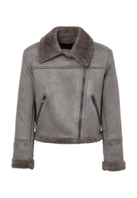 Giacca grigia in shearling sintetico con collo a camicia, tasche con zip e dettagli in pelliccia lungo il colletto e i polsini, caratterizzata da un design corto.