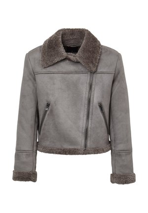 Graue Kunstpelzjacke mit Kragen, Reißverschlusstaschen und Fellbesatz entlang des Kragens und der Manschetten, mit einem kurzen Schnitt.