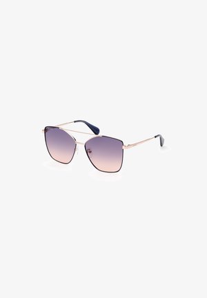 Cat-eye sunglasses with a gradient purple lens, metal frames, and blue-accented temples. Lightweight design with a sleek finish.