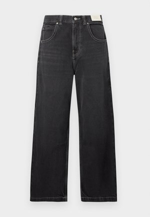 Μαύρο τζιν παντελόνι με φαρδιά μπατζάκια από τζιν ύφασμα, με πέντε τσέπες, αντίθετη λευκή ραφή και κούμπωμα με κουμπί στη μέση.