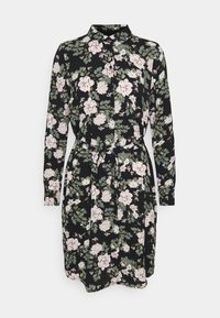 Abito floreale in tessuto nero, con chiusura a bottoni sul davanti, maniche lunghe, vita con legatura e grande stampa floreale rosa e verde.