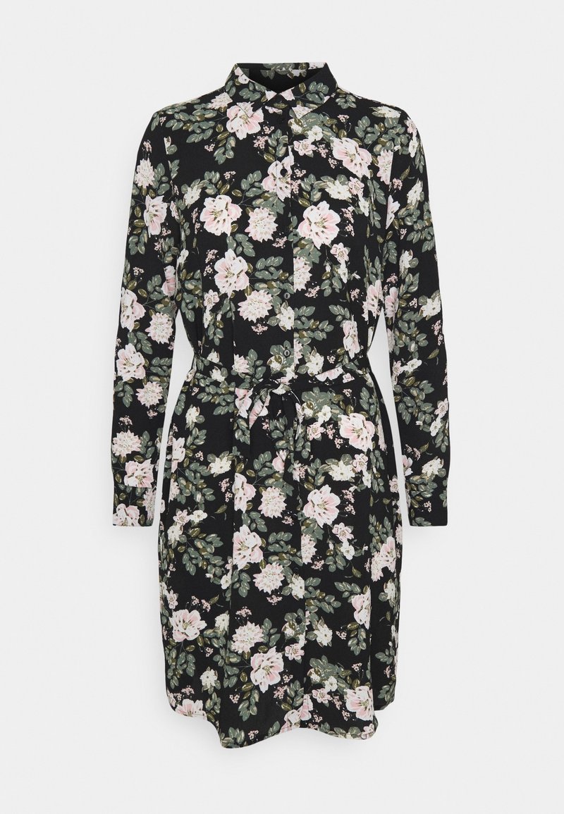 Blommig klänning i svart tyg, med knäppning framtill, långa ärmar, knytning i midjan och stort blommönster i rosa och grönt.