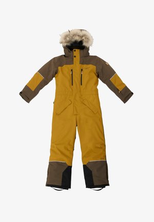 Tuta da neve giallo e marrone, con cappuccio foderato in pelliccia, molteplici tasche con zip e polsini rinforzati. Tessuto resistente all'acqua.