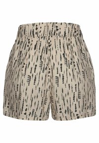 Pantaloni corti beige con alta vita elasticizzata e un motivo a strisce verticali nere a pois astratti.