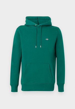 Sweat à capuche vert avec poche avant, capuche à cordon, poignets côtelés et logo brodé sur la poitrine. Fabriqué en matériau doux et confortable.