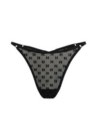 Zwarte string onderbroek van doorschijnend gaas met een herhalend patroon van kleine symbolen. Heeft een kantafwerking en een stevige tailleband voor ondersteuning.