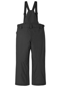 Pantaloni da sci neri con bretelle regolabili, tasche con zip, gambe larghe, ginocchia rinforzate e una finitura in tessuto impermeabile e liscio.