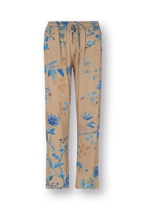 Beige broek met trekkoord en blauw-bruine bloemenpatronen, met bladeren en kleine bloemen over de hele stof.