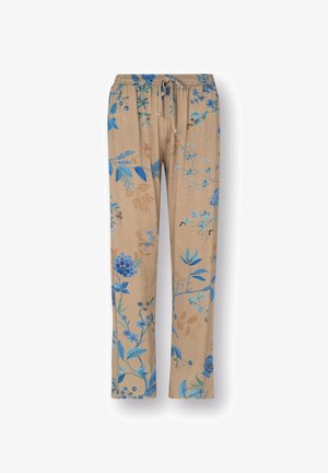Beige broek met trekkoord en blauw-bruine bloemenpatronen, met bladeren en kleine bloemen over de hele stof.