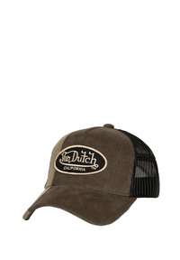 Casquette de baseball en velours côtelé marron avec un dos en maille noire. Elle présente un logo ovale brodé avec "Von Dutch California" en lettres couleur crème.