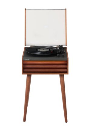 Lecteur de vinyle en bois style vintage avec pieds, vinyle noir en rotation, et un couvercle anti-poussière transparent ouvert.