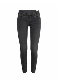 Jean skinny taille haute noir avec fermeture à boutons, poches avant et arrière, et passants de ceinture sur fond blanc.