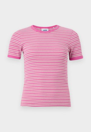 Rjavo roza črtasta kratka majica s kratkimi rokavi iz rebraste tkanine, z belimi in svetlo roza črtami ter okroglim izrezom z kontrastnim robom.