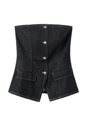 Corsé de mezclilla negro sin tirantes con botones plateados en la parte delantera, dos bolsillos con solapa y costuras visibles, ajustado con un ligero vuelo en la parte inferior.