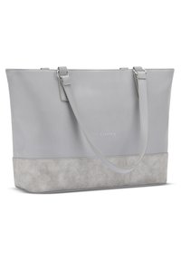 Gray tote bag with a smooth, matte finish and a textured light gray suede base. Features dual shoulder straps and a subtle logo on the front.