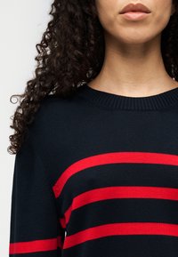 Μπλε πουλόβερ με κόκκινες οριζόντιες ρίγες, ριμπ λαιμόκοψη και υφασμένο πλεκτό. Κοντινή λήψη εστιασμένη στο πάνω μέρος του σώματος και τις λεπτομέρειες της λαιμόκοψης.