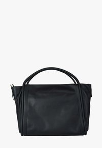 Borsa a tracolla in pelle nera dalla forma strutturata. Presenta due manici superiori e una chiusura con zip. Texture liscia con accenti minimalisti.