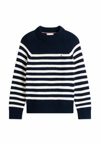 Marineblau-weißer gestreifter Strickpullover mit geripptem Kragen, Bündchen und Saum, der ein kleines gesticktes Logo auf der Brust trägt.