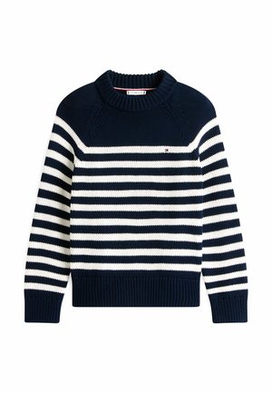 Marineblauwe en witte gestreepte gebreide trui met geribde kraag, cuffs en zoom, voorzien van een klein geborduurd logo op de borst.