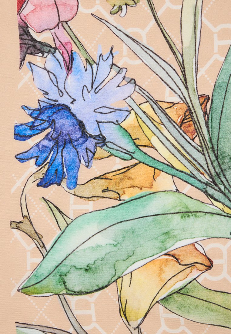 Blumendesign mit blauen und gelben Blumen sowie grünen Blättern. Der Hintergrund hat eine sanfte Pfirsichfarbe und ein geometrisches Muster. Aquarelltextur.