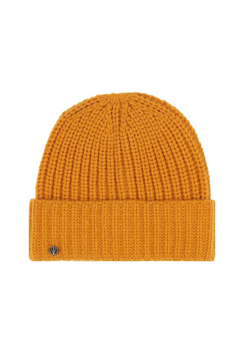 Orange knitted beanie hat with folded brim and small round metal logo on the left side against a white background.