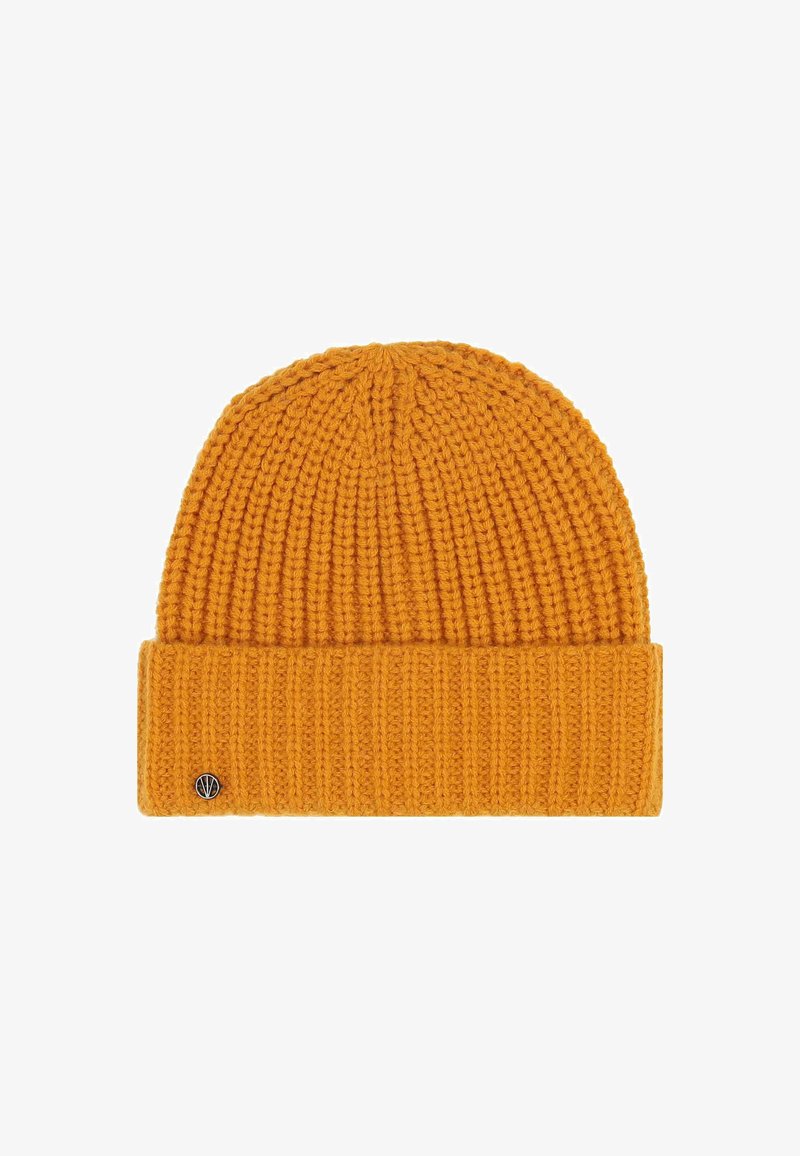 Orange knitted beanie hat with folded brim and small round metal logo on the left side against a white background.
