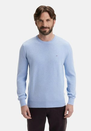 Un pull à col rond bleu clair en matériau tricoté doux, avec des poignets et un ourlet côtelés, et un petit logo sur la poitrine.