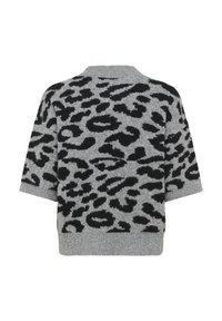 Gray short-sleeve sweater with a textured black leopard print pattern. Features a round neckline and ribbed cuffs. Soft fabric.