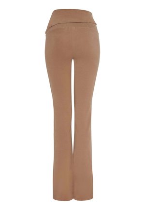 Leggings marroni a zampa d'elefante con una texture morbida e elastica e una ampia vita ripiegata. Nessuna cucitura visibile o decorazioni.