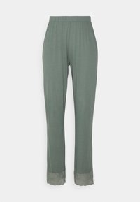 Groene, lichtgewicht stoffen broek met een elastische tailleband. Heeft kantafwerking aan de zoom, wat een textuurdetail aan het ontwerp toevoegt.