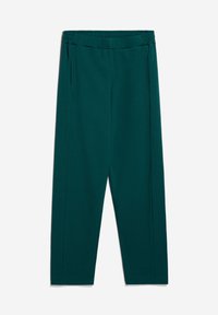 Pantalon de survêtement teal avec une taille à cordon, texture lisse et deux poches latérales, présentant un design de jambe effilée et sans motifs visibles.