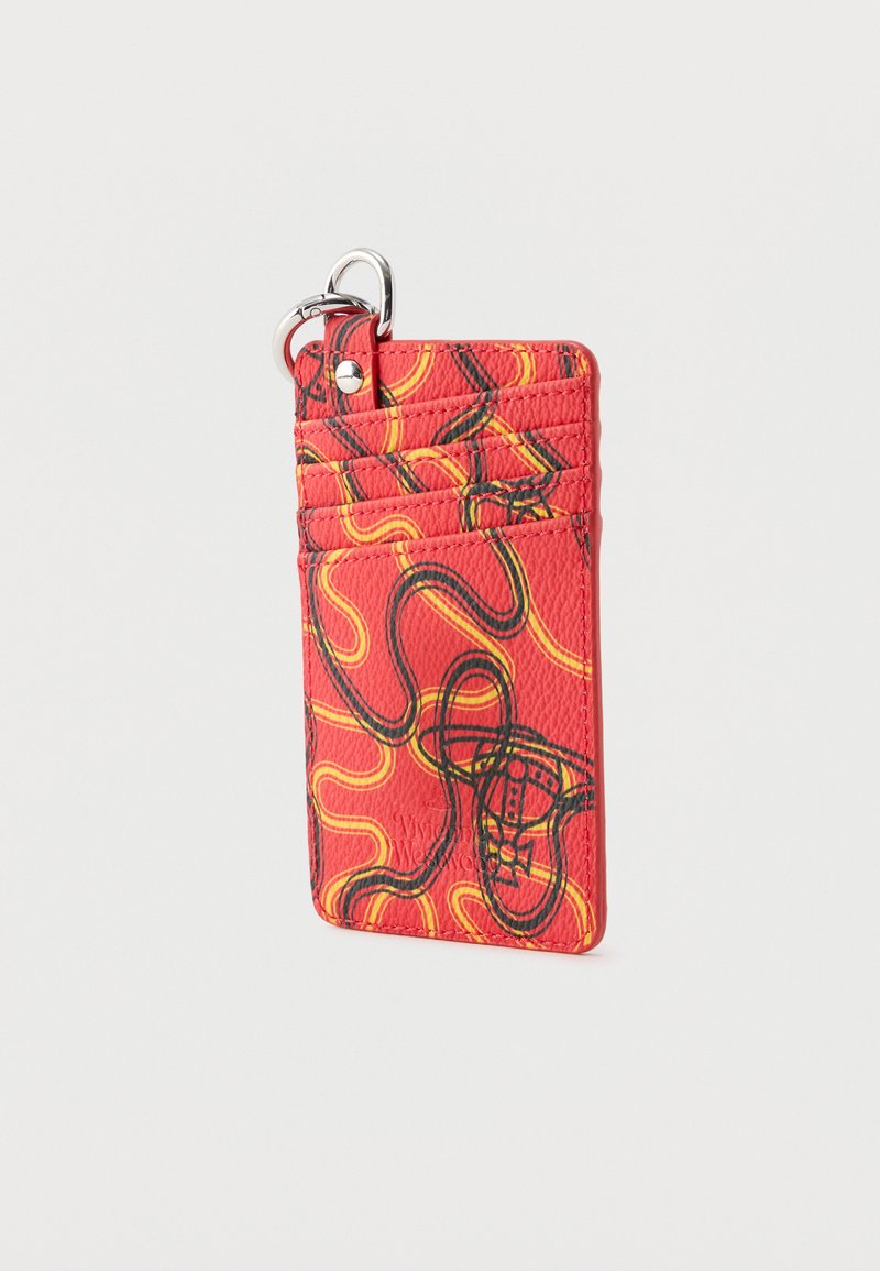 Roter strukturierter Kartenhalter mit abstrakten schwarzen und gelben wirbelnden Linienmustern, mehreren Kartenfächern und einem silberfarbenen Schlüsselringclip.
