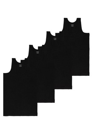Black tank tops in a pack of four, made from cotton, featuring a round neck and sleeveless design with a smooth texture.