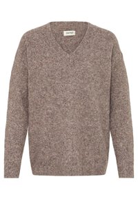 Brown v-neck sweater made of soft wool blend, with a textured surface and long, slightly loose sleeves. Label reads "OXMO."