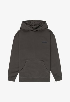 Chubasquero gris oscuro hecho de una mezcla de algodón, con un bolsillo canguro frontal, puños acanalados y un pequeño logo azul de "element" en el pecho.