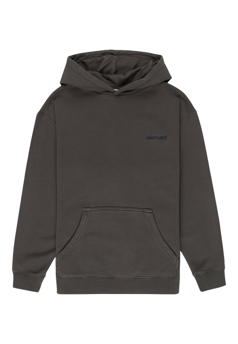 Chubasquero gris oscuro hecho de una mezcla de algodón, con un bolsillo canguro frontal, puños acanalados y un pequeño logo azul de "element" en el pecho.