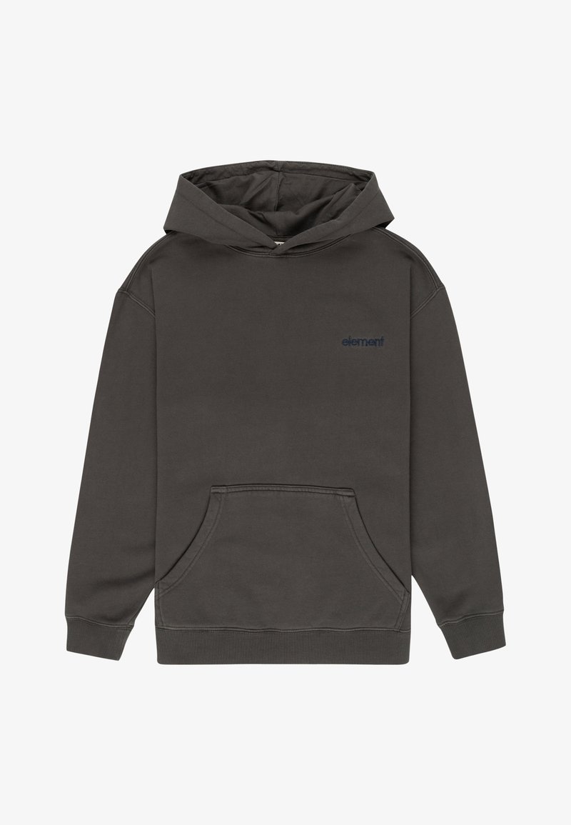 Chubasquero gris oscuro hecho de una mezcla de algodón, con un bolsillo canguro frontal, puños acanalados y un pequeño logo azul de "element" en el pecho.