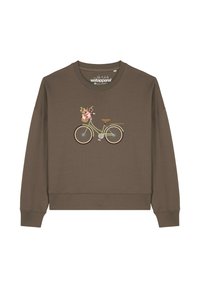 Bruine sweatshirt met een ontspannen pasvorm, met een lichtgroen fietsontwerp op de voorkant dat een mand met bloemen vasthoudt.