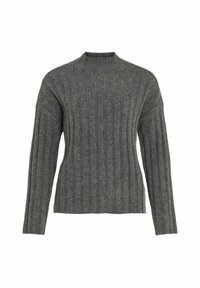 Grijze gebreide trui van een zacht materiaal, met een hoge hals en verticale ribbelstructuur en lange mouwen.